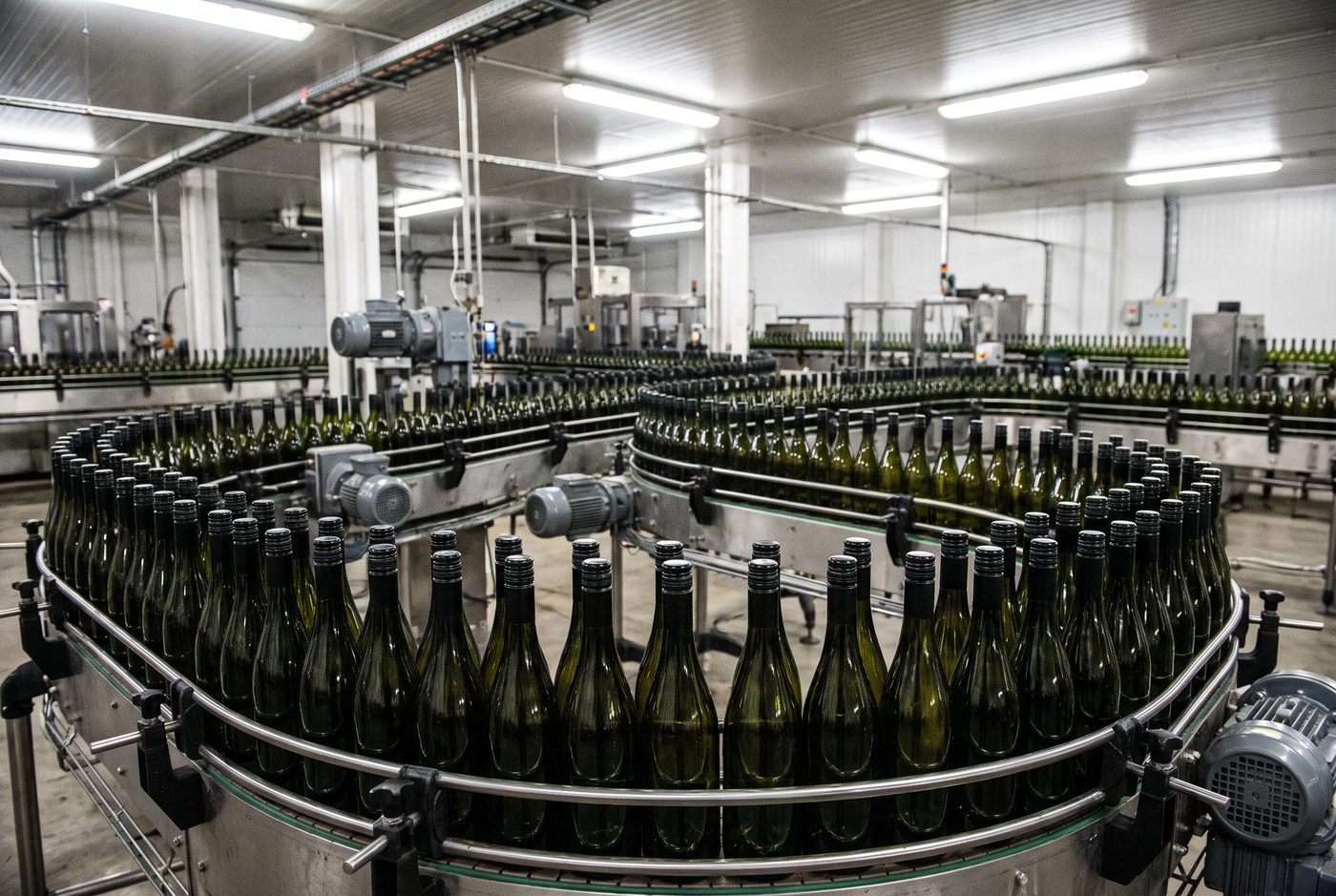 Bottling line with dark glass bottles on conveyors