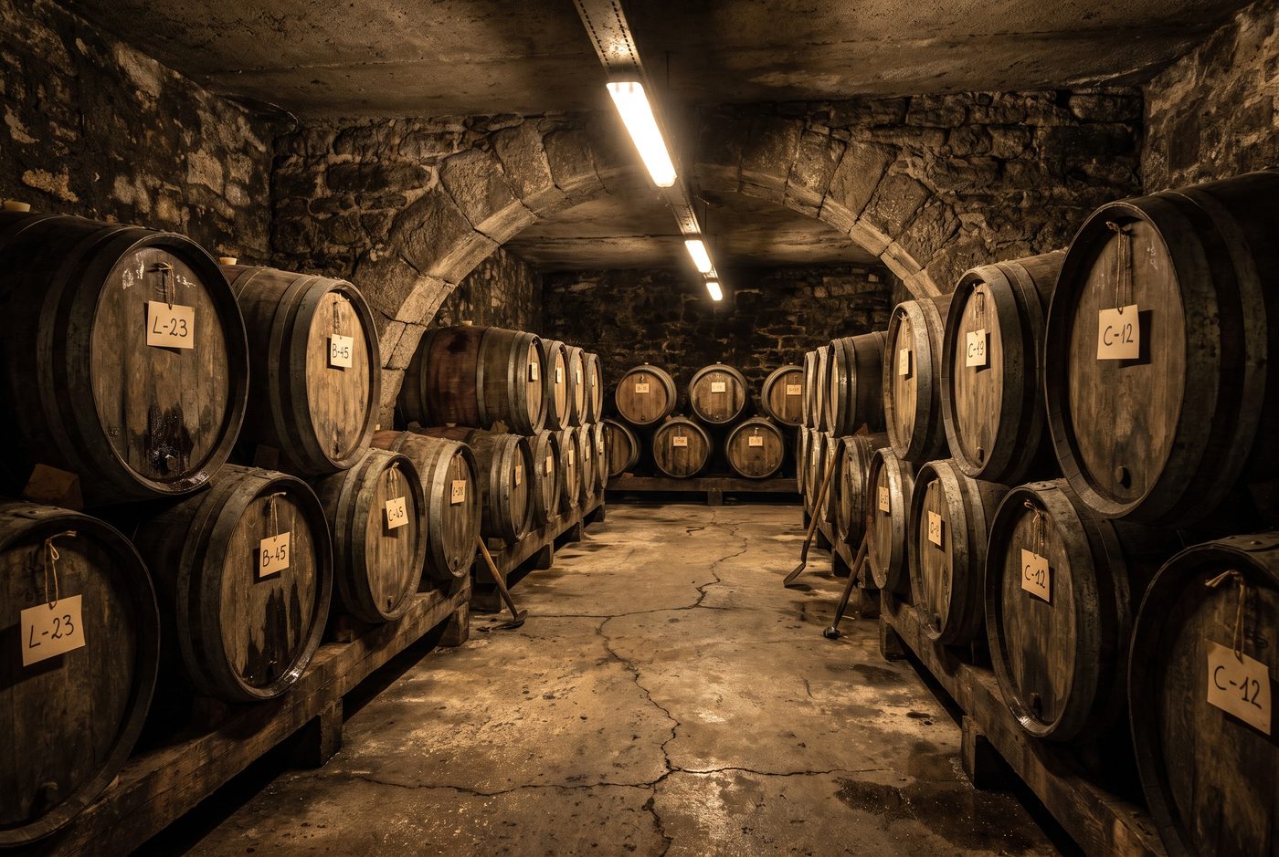 Oak barrels in an old vaulted cellar