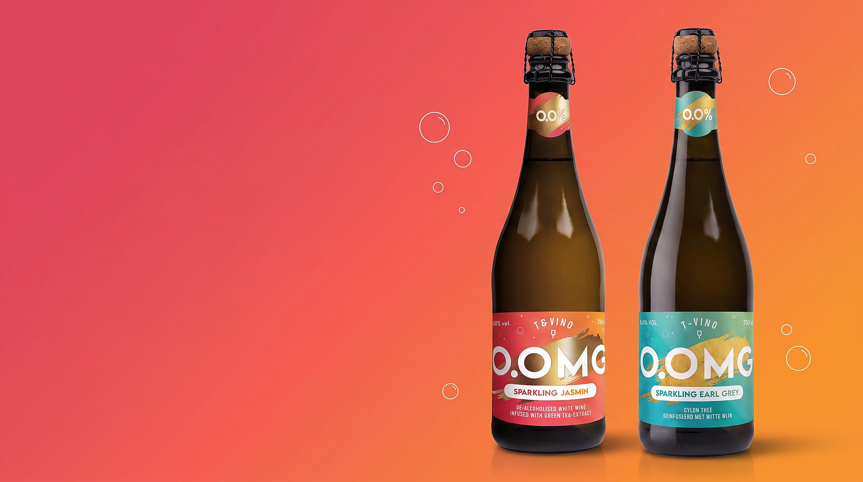 O.OMG Sparkling Jasmin and Sparkling Earl Grey bottles on the brand gradient